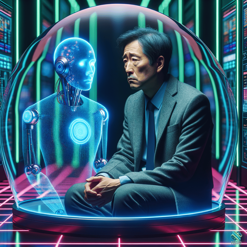 Businessman Beside Blue Holographic Robot in Dome