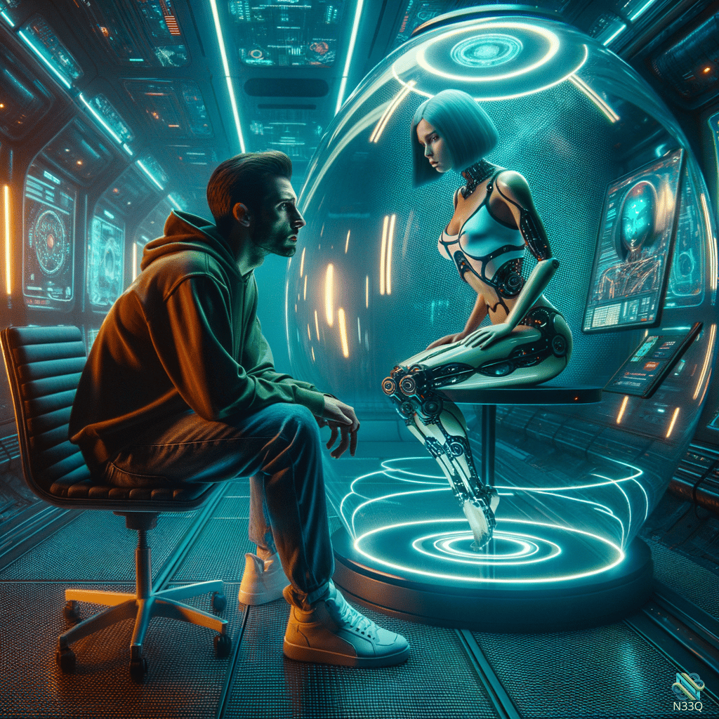 Man Observing Female Cyborg in Neon Sphere
