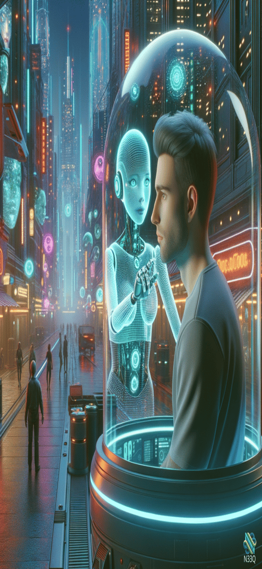 Man and Holographic Android in Neon Dome