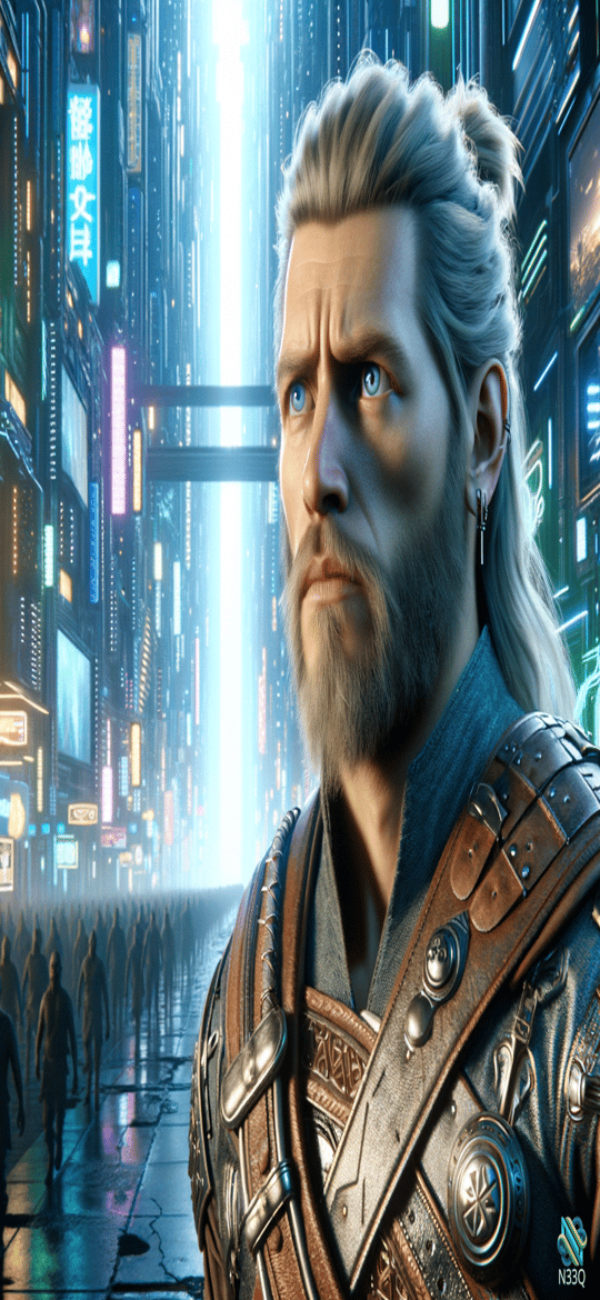 Bearded Warrior in Neon Cyberpunk City