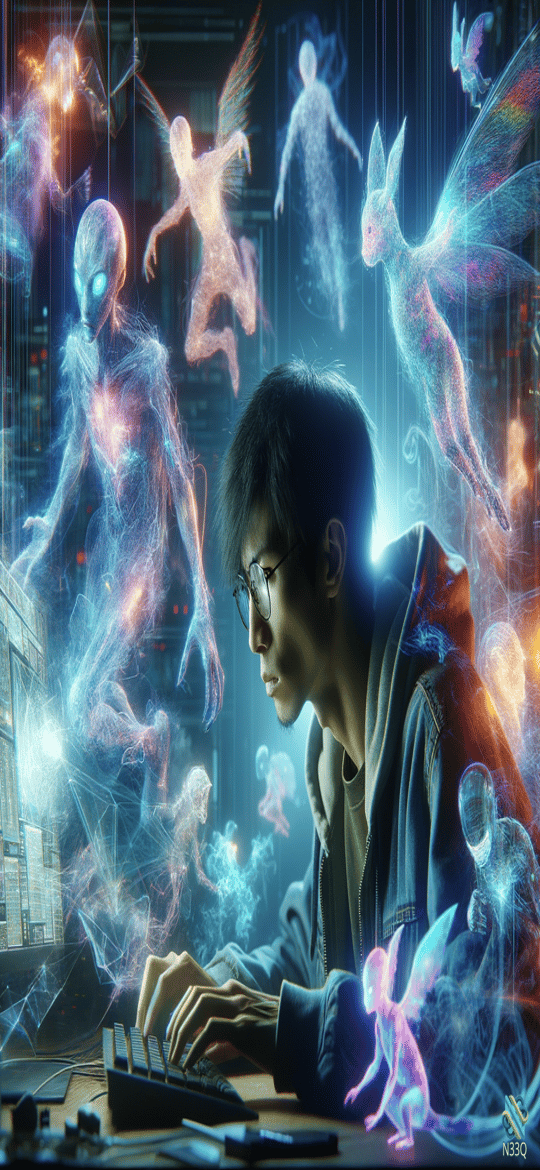 Young Man Typing Amidst Glowing Holographic Spirits