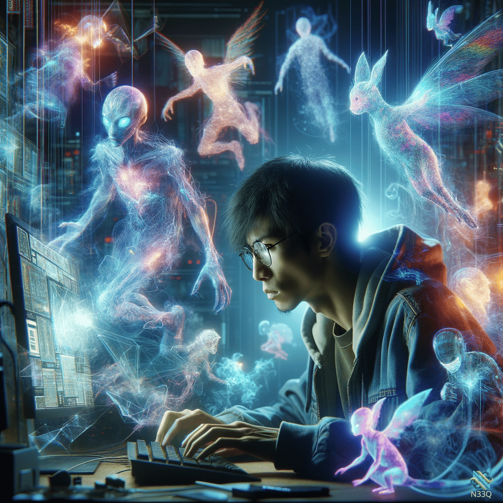 Young Man Typing Amidst Glowing Holographic Spirits