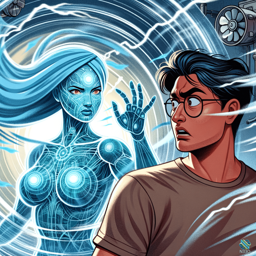 Blue Holographic Woman and Shocked Man