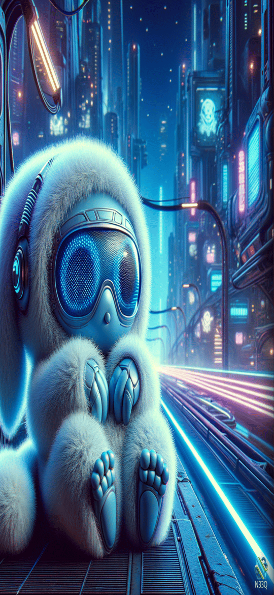 Fluffy White Bunny in Neon Cyberpunk City
