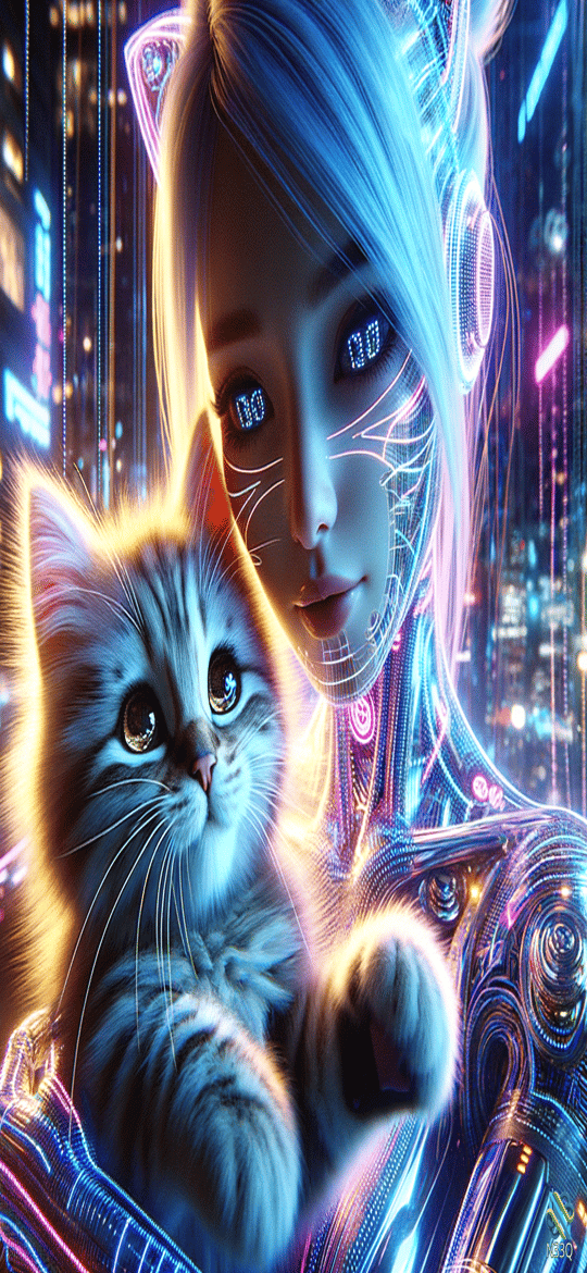 Cyborg Catgirl Holding Fluffy Kitten in Neon City