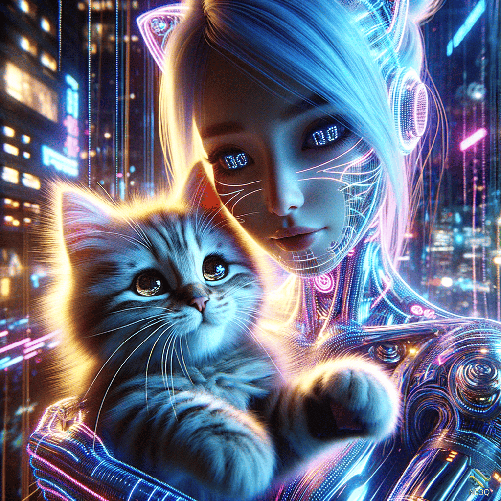 Cyborg Catgirl Holding Fluffy Kitten in Neon City