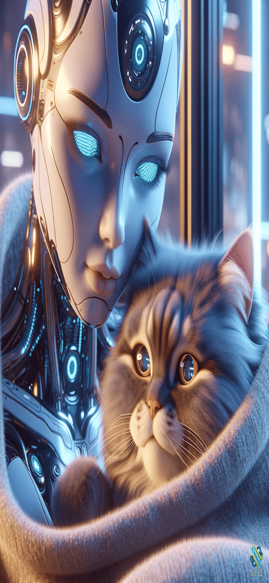 Cyborg Woman Cuddling Fluffy Cat