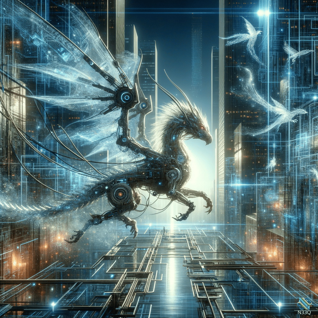 Mechanical Dragon Soaring Through Neon City