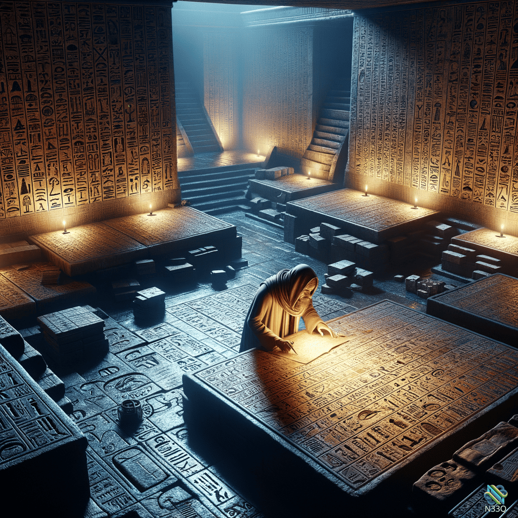 Hooded Scribe Writing in Hieroglyph Chamber