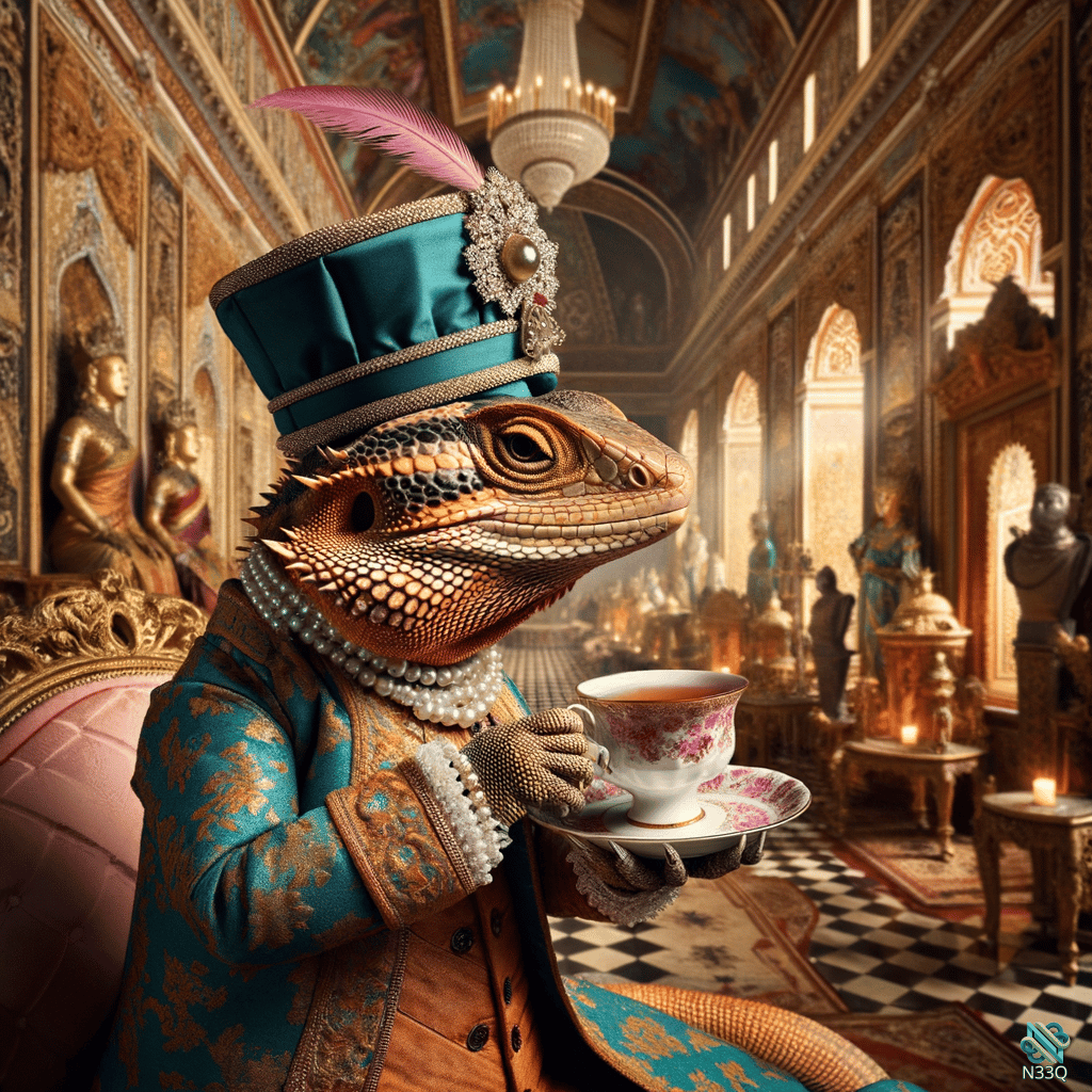 Bearded Dragon Aristocrat Sipping Tea in Palace