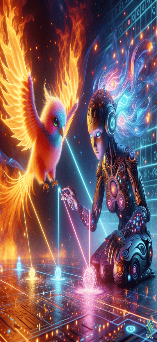 Phoenix and Cyborg Linked by Energy Beams