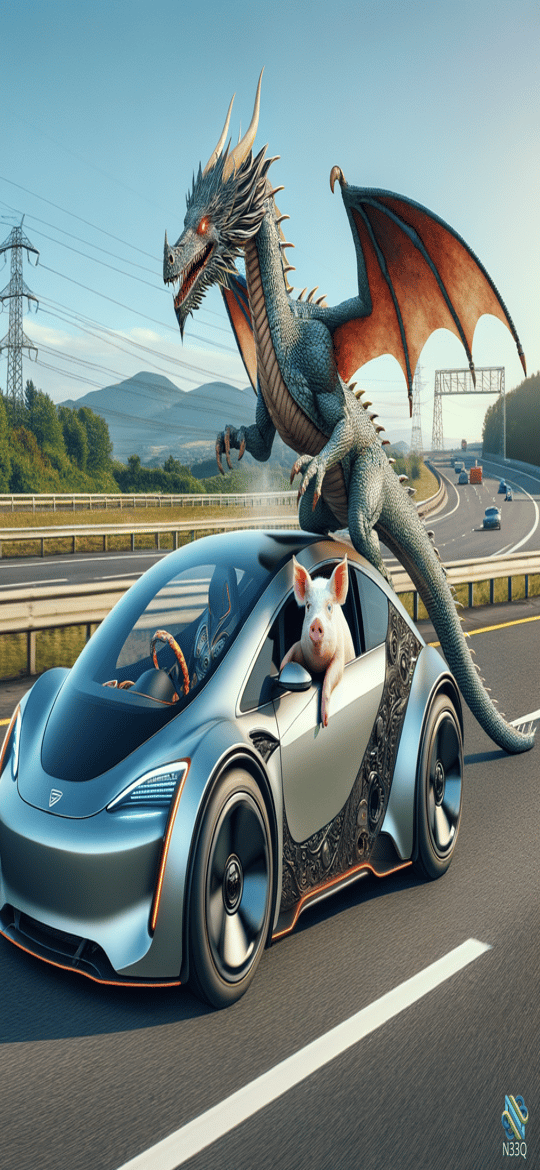 Dragon Perched on Futuristic Car with Pig
