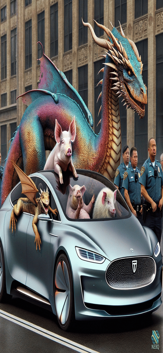 Dragon and Pigs on Futuristic Silver Car