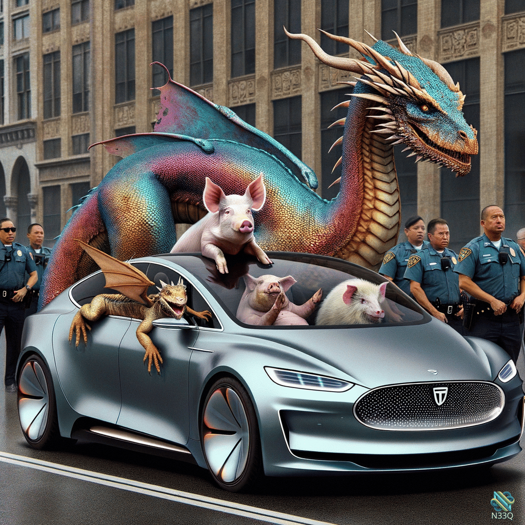 Dragon and Pigs on Futuristic Silver Car