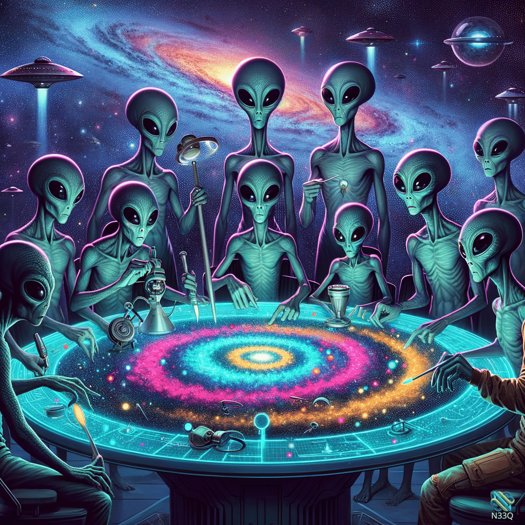 Grey Aliens Around Glowing Cosmic Table