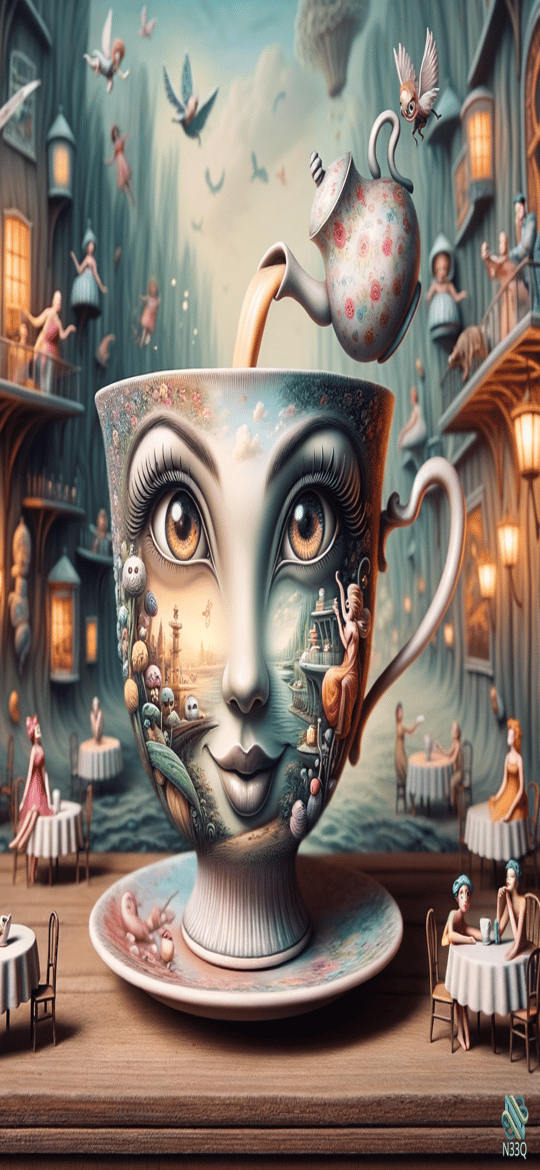 Giant Teacup with Woman's Face and Teapot