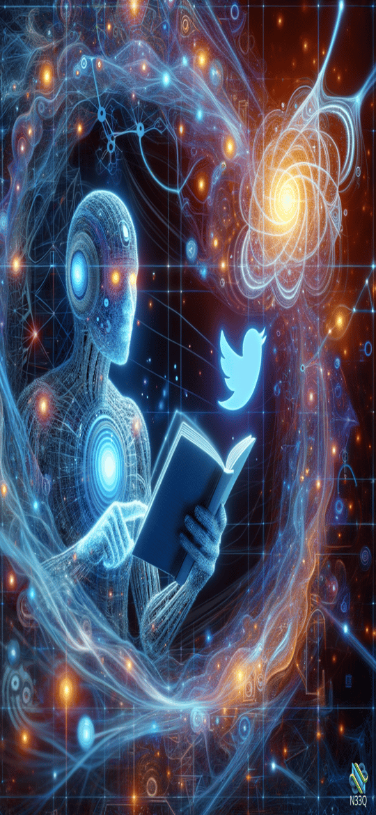 Glowing Robot Reading Book in Cosmic Grid