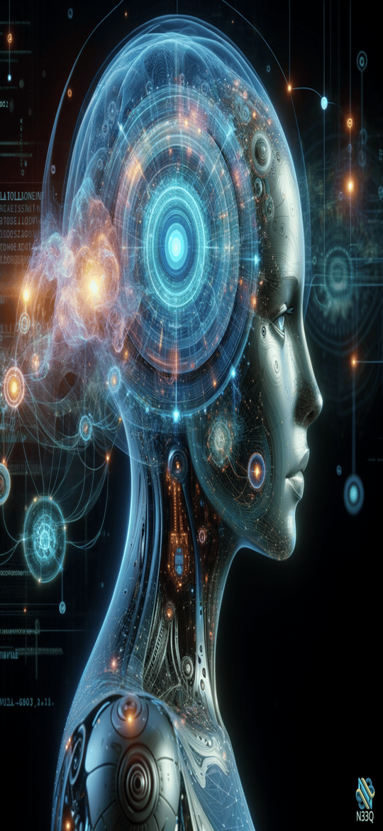 Cyborg Head with Holographic Blue Brain