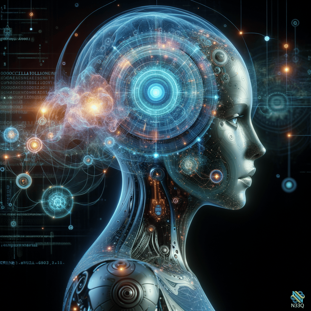 Cyborg Head with Holographic Blue Brain
