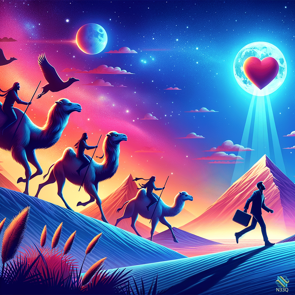 Camel Caravan Under Heart Moon with Businessman