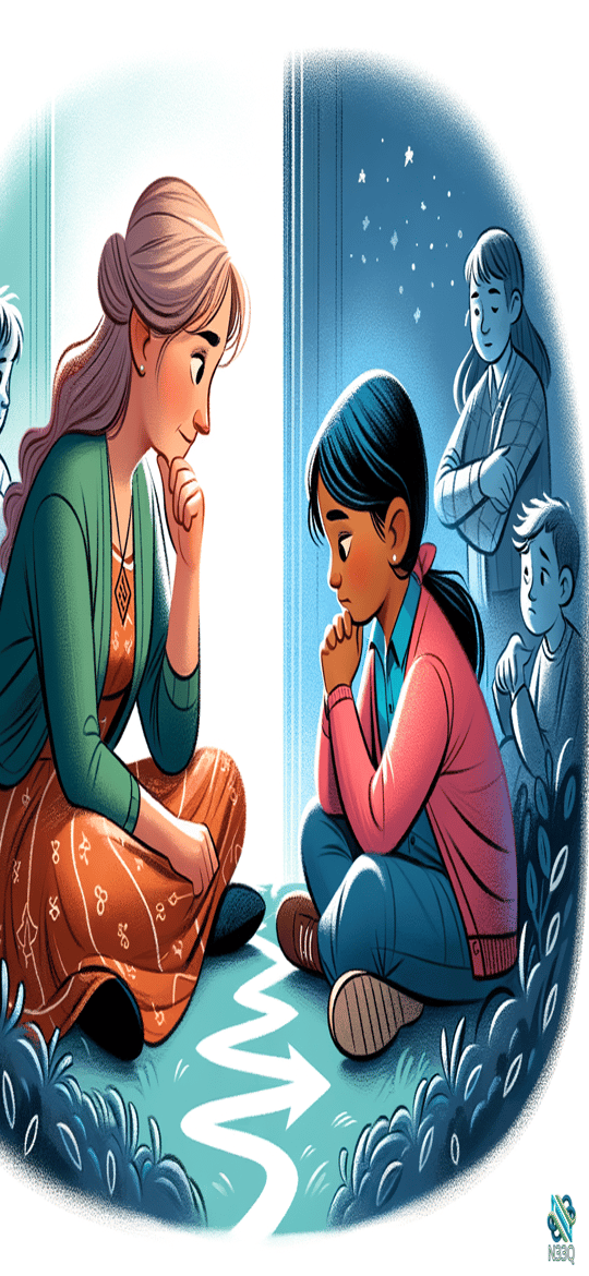 Woman and Girl Facing Across Arrow