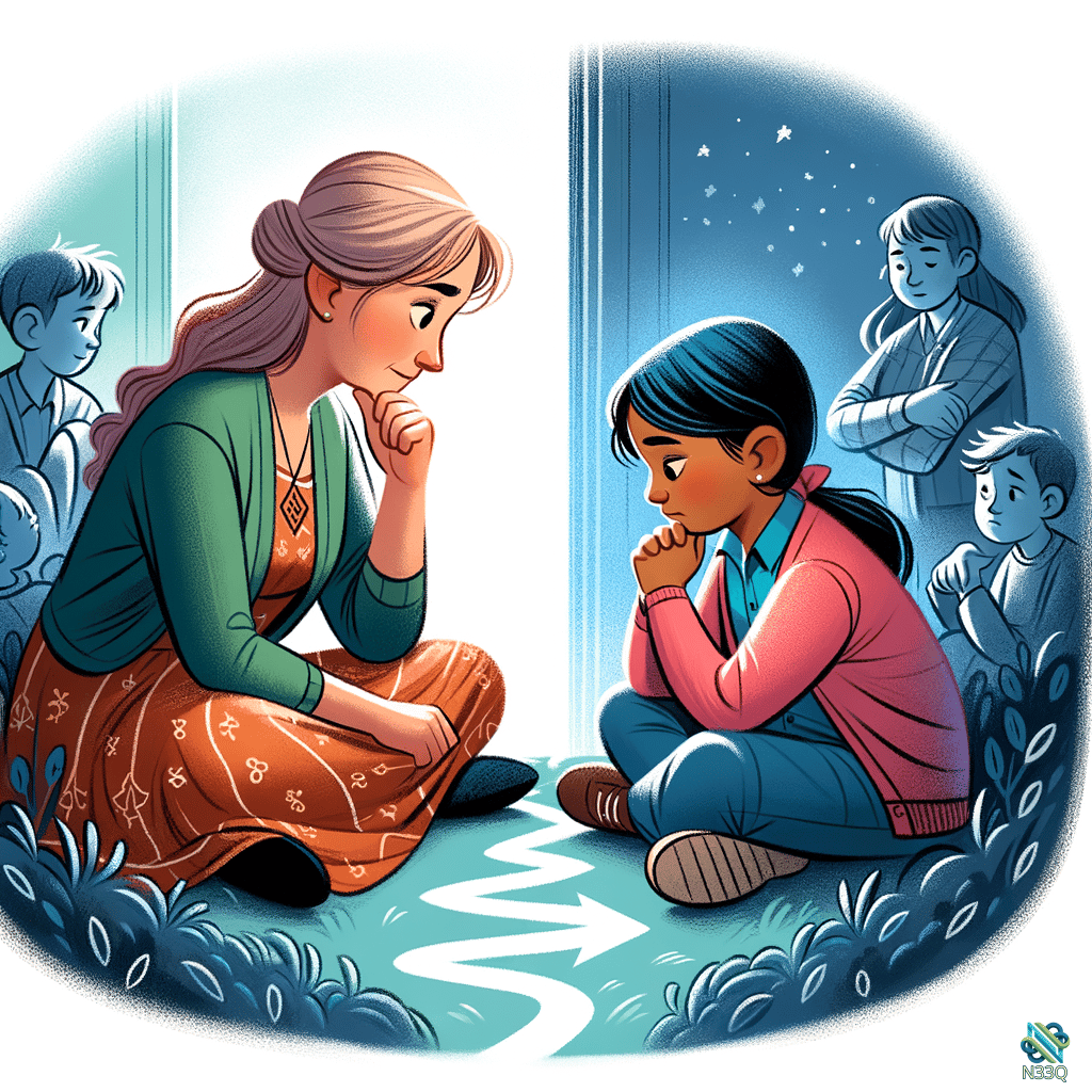 Woman and Girl Facing Across Arrow