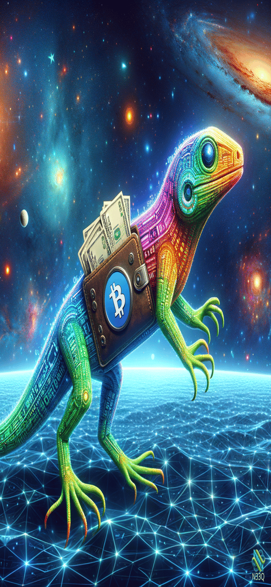 Rainbow Lizard with Bitcoin Wallet in Space