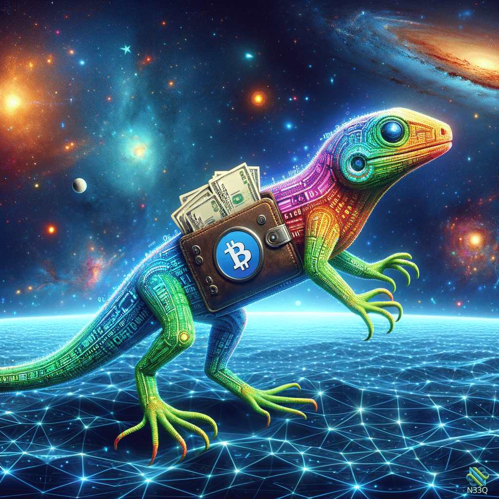Rainbow Lizard with Bitcoin Wallet in Space