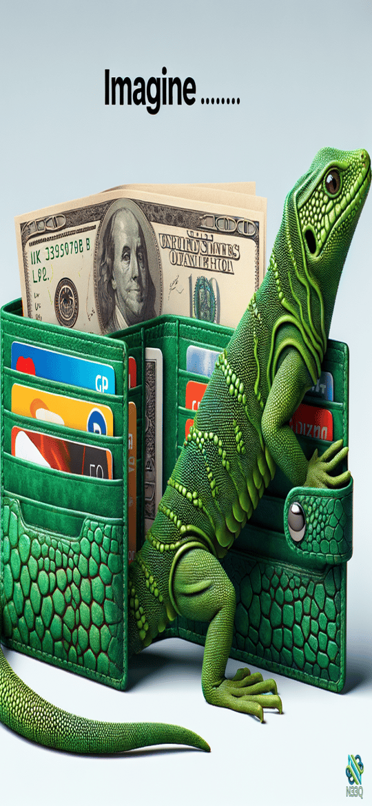 Green Lizard on Open Leather Wallet