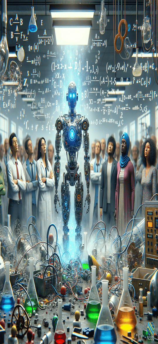 Glowing Robot in Crowded Science Lab