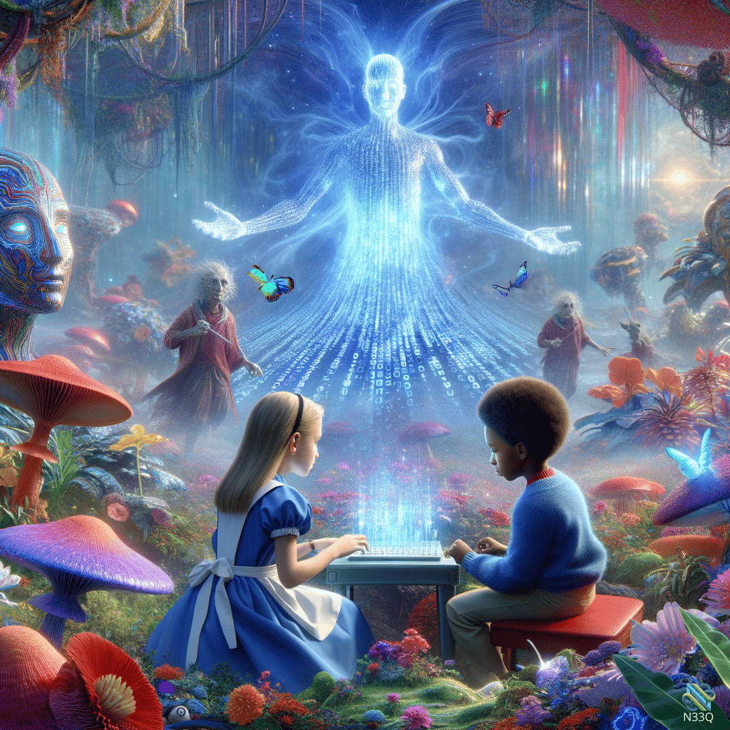 Children Before Ethereal Hologram in Mushroom Forest