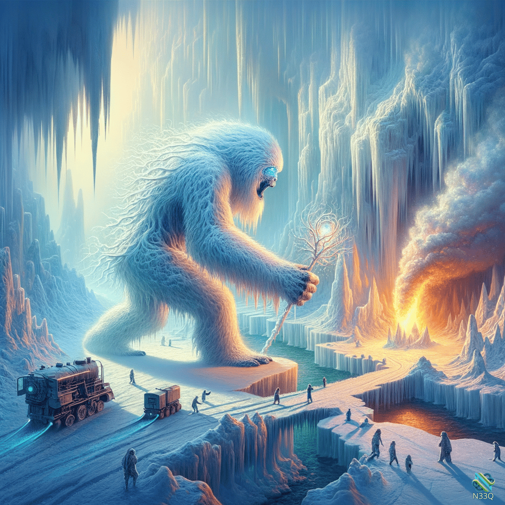 Yeti Holding Glowing Branch in Ice Cavern