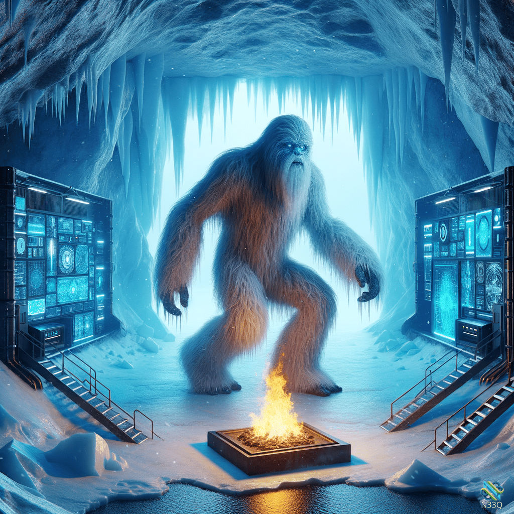 Yeti by Campfire in Futuristic Ice Cave