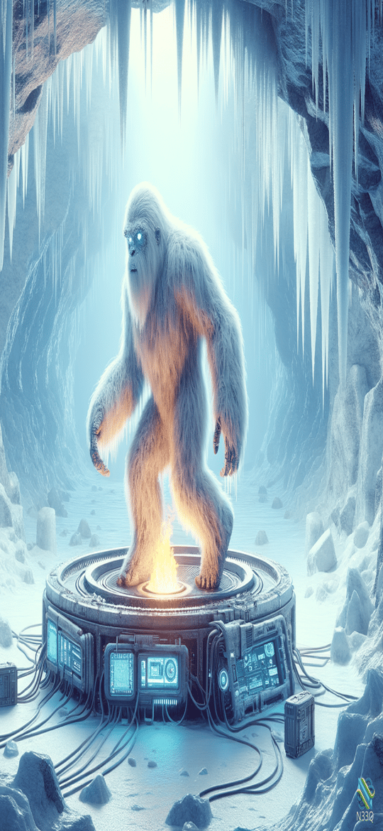 Yeti on Futuristic Platform in Ice Cave