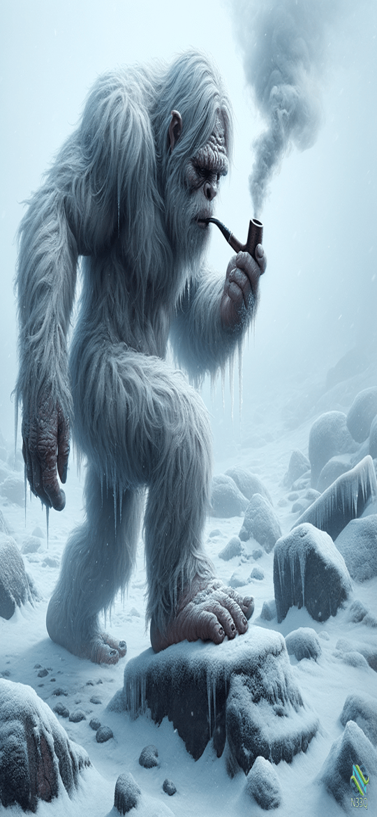 Yeti Smoking Pipe on Icy Rocks