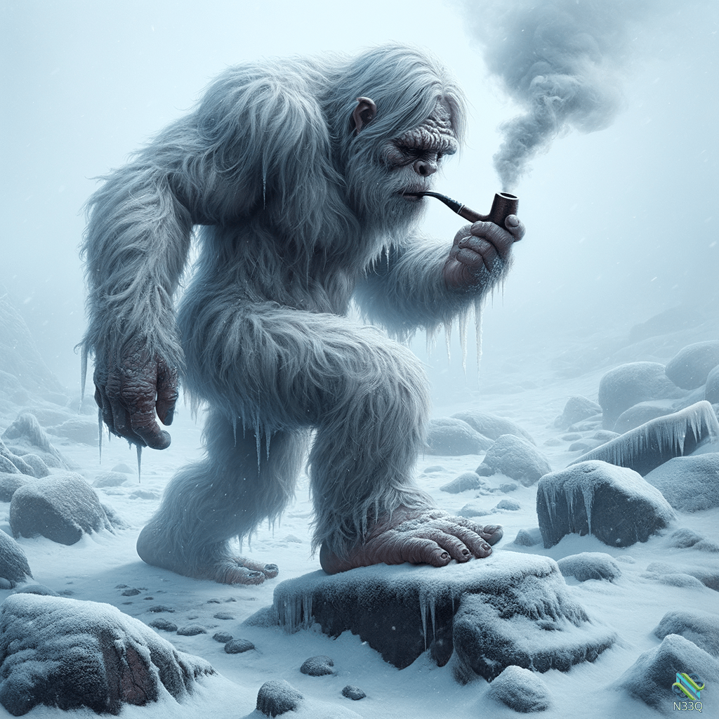 Yeti Smoking Pipe on Icy Rocks
