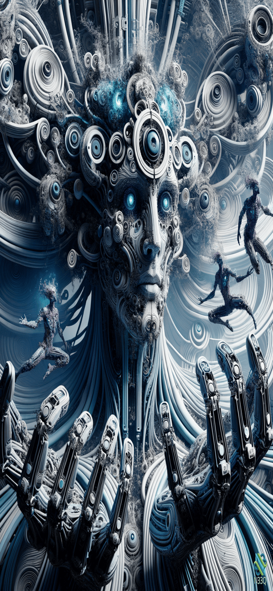 Cyborg Face with Robotic Hands and Floating Figures