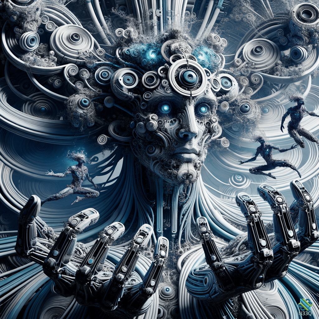 Cyborg Face with Robotic Hands and Floating Figures