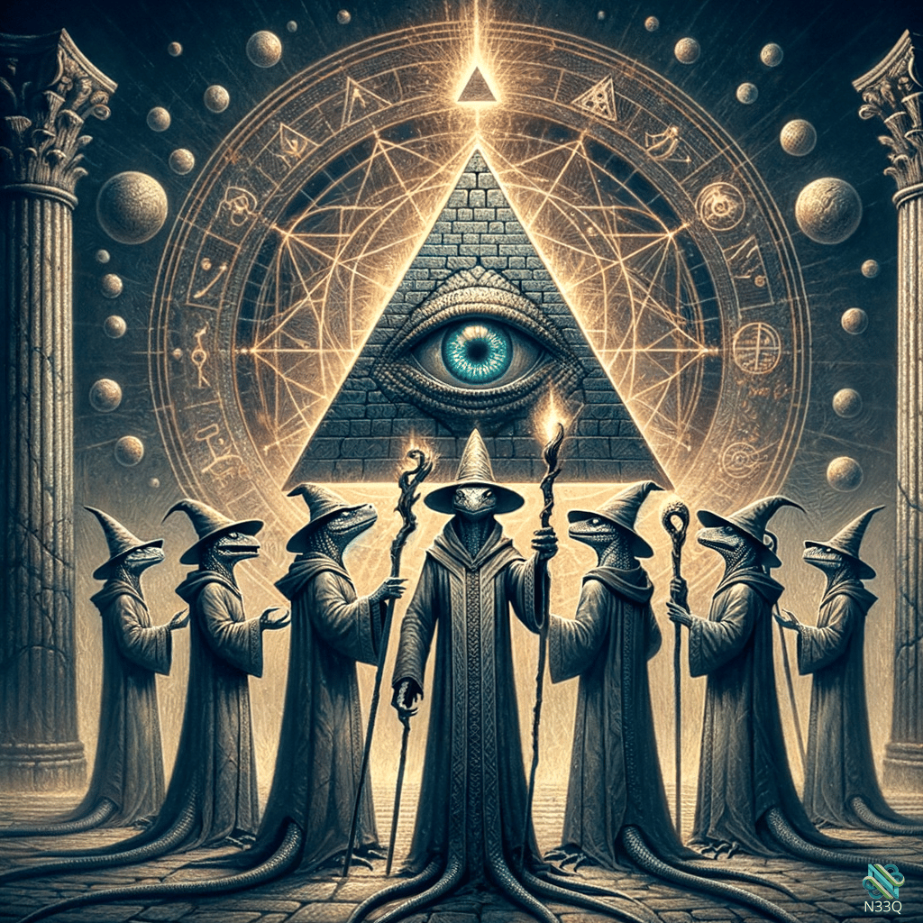 Reptilian Wizards Before Glowing Pyramid Eye