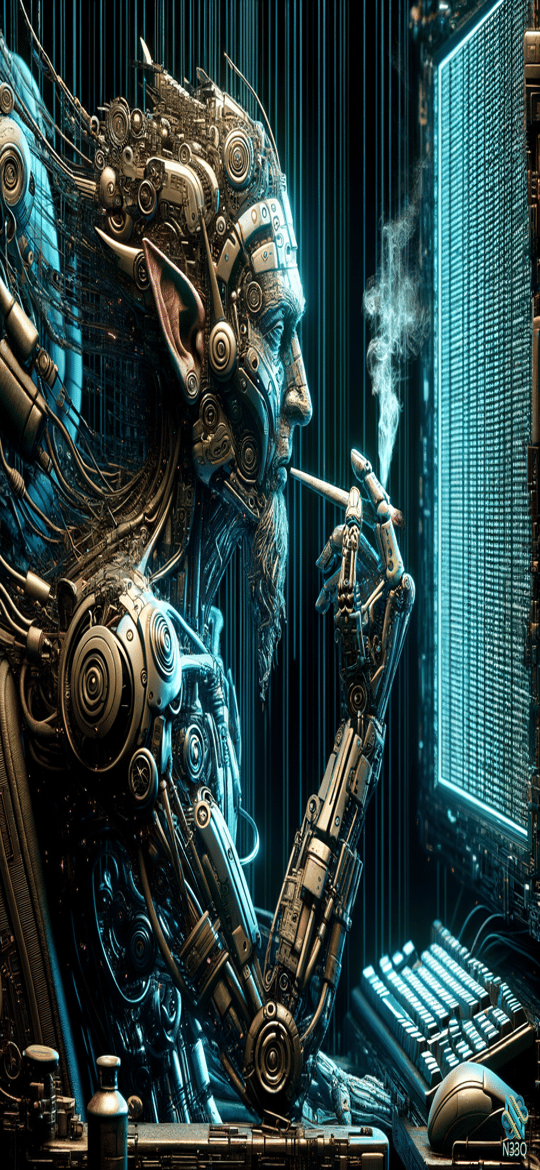 Cyborg Elf Smoking at Glowing Monitor