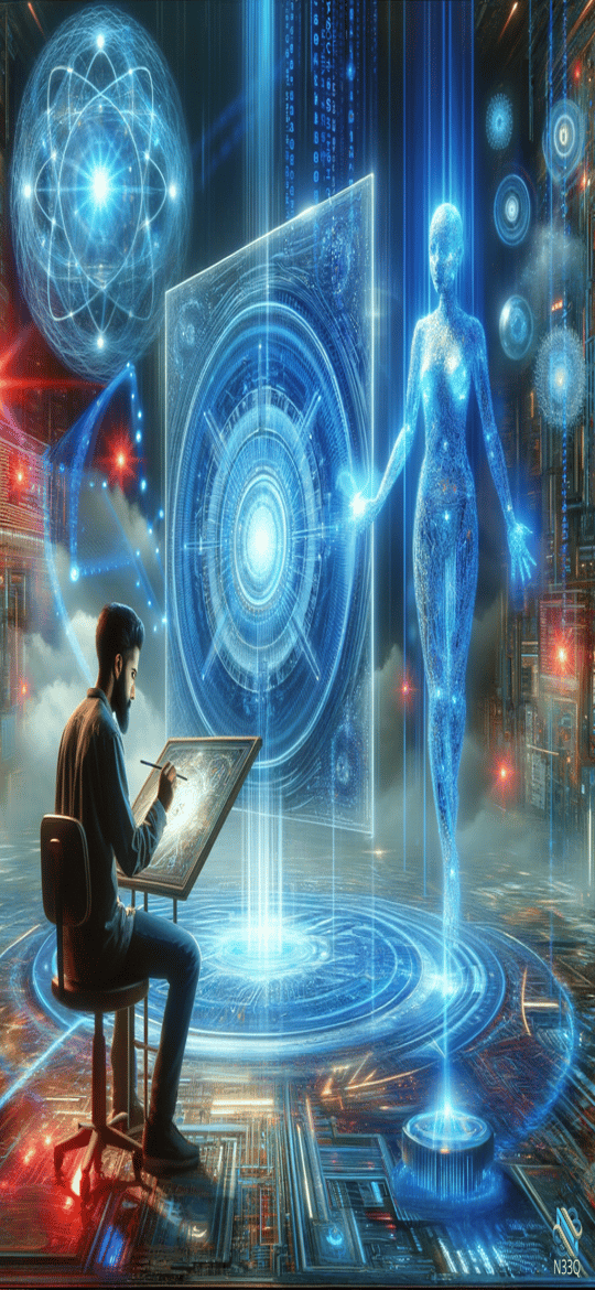 Artist Sketching Blue Holographic Woman in Lab