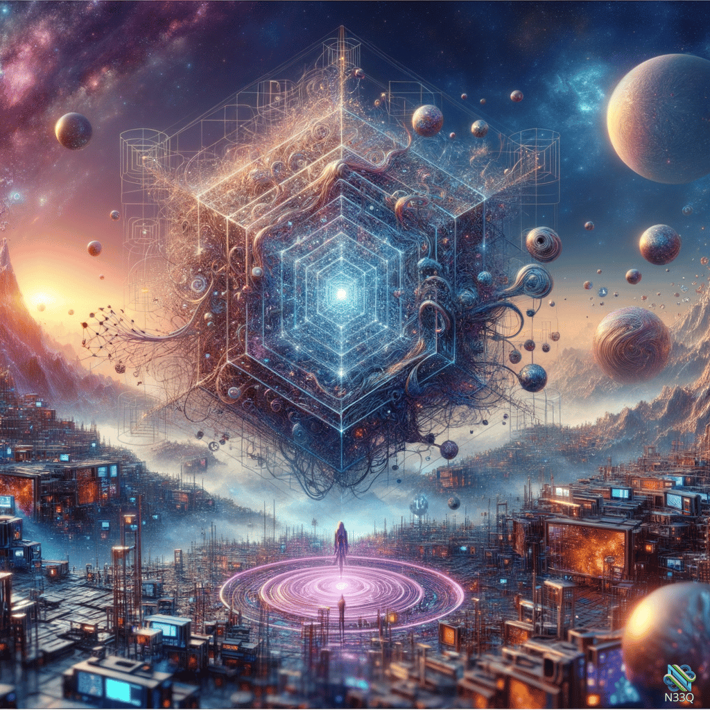 Lone Figure Before Floating Cosmic Geometric Structure