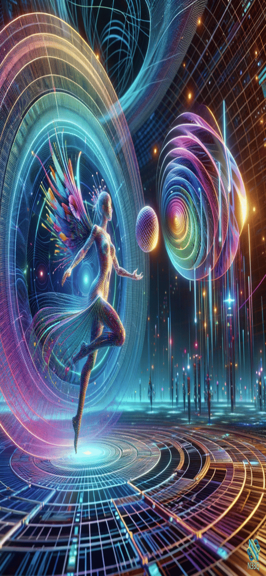 Winged Dancer Amid Neon Energy Portals