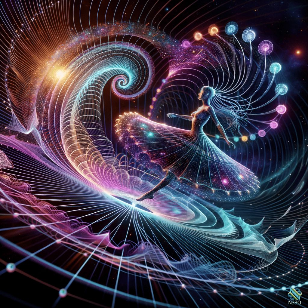 Ballerina Dancing in Cosmic Light Swirls