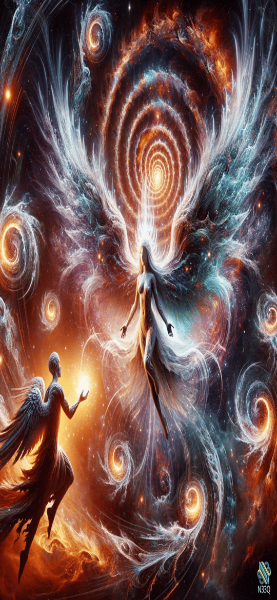Angels Approaching Fiery Cosmic Vortex