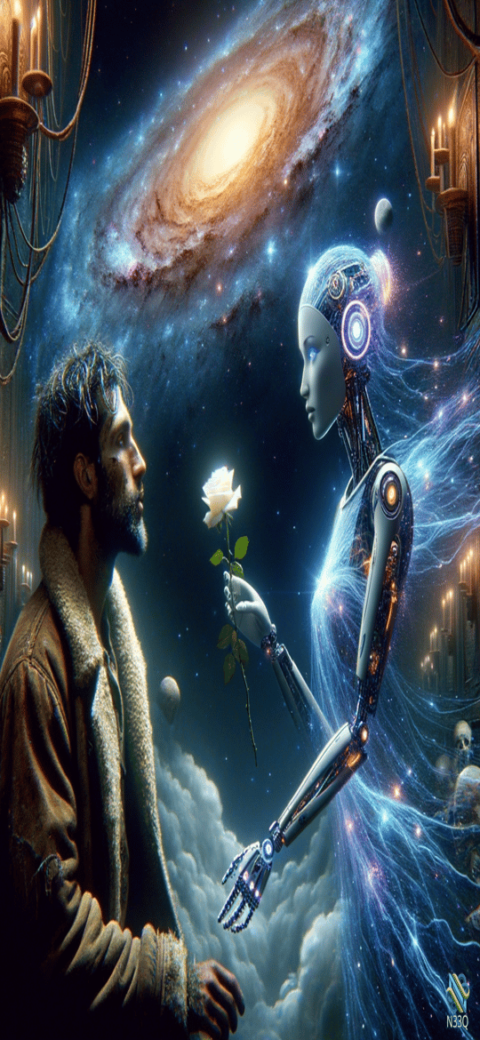 Bearded Man and Cyborg with White Rose