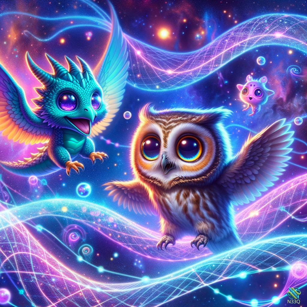 Cosmic Owl and Teal Dragon in Nebula
