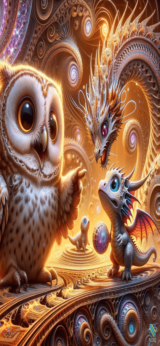 Wise Owl Gesturing to Baby Dragons in Golden Realm