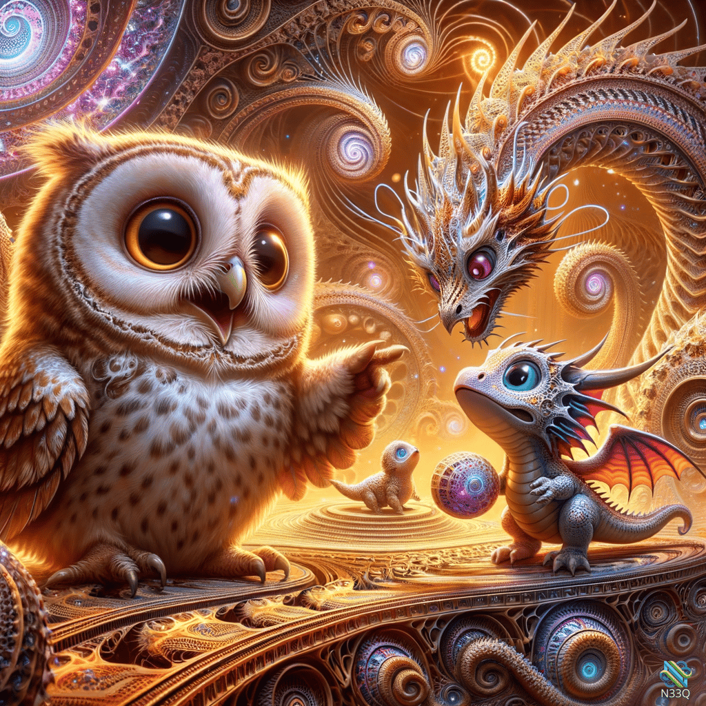 Wise Owl Gesturing to Baby Dragons in Golden Realm
