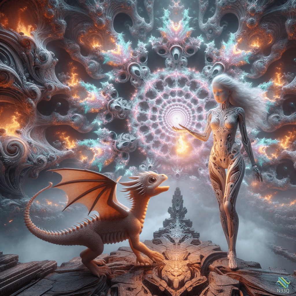 Woman and Dragon in Fractal Portal